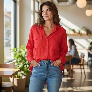 New York Studio Silk Button Up Tunic Top Sz M Red #24L